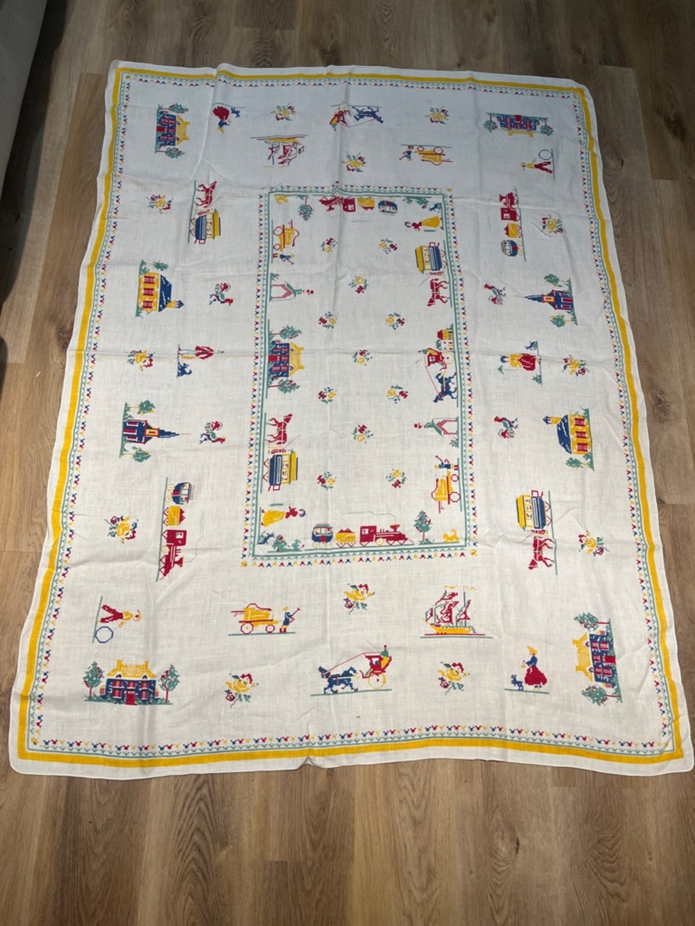 Embroidered VTG Linen Country Scene Tablecloth in White, Yellow, Red & Blue